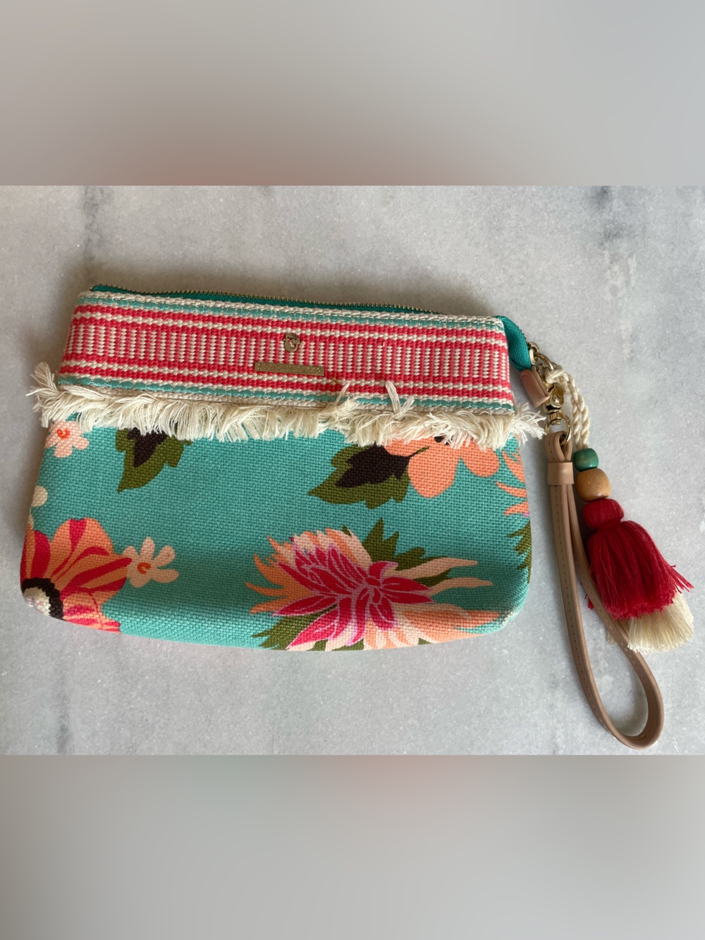 Spartina 449 wristlet Blue Floral Linen Tassel
